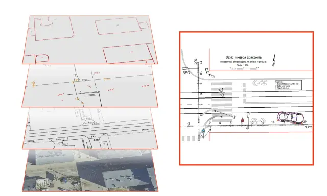 Plan zabudowy i szkic miejsca zdarzenia drogowego z zaznaczonymi śladami hamowania i wózkiem dziecięcym.