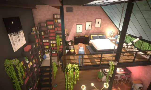 Wnętrze dwupoziomowego mieszkania w grze podobnej do The Sims. Dziewczyna stoi na antresoli, obok łóżka i biurka.