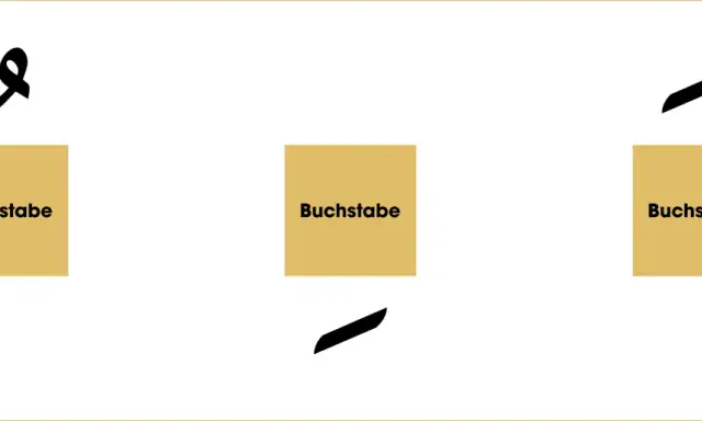 Drei arabische Schriftzeichen, die wie Buchstaben aussehen, über gelben Kästchen mit dem Wort "Buchstabe". Ein Zeichen erinnert an ein "9" und könnte ein Koran Zeichen sein.