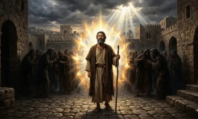 Mężczyzna w płomieniach, z laską w dłoni, otoczony ludźmi w kapturach. Światło przebija się przez chmury, jak w psalm 20.