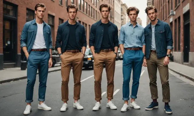 Pięciu mężczyzn w stylowych stylizacjach, pokazujących, jak podwijać nogawki w jeansach i innych spodniach.