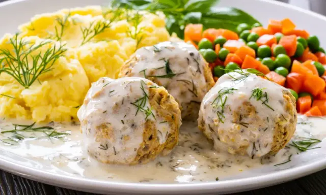 Pyszne pulpety z indyka w sosie koperkowym, podane z puree ziemniaczanym i warzywami.