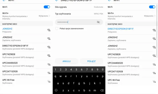 Ekran telefonu z listą dostępnych sieci Wi-Fi i klawiaturą ekranową.