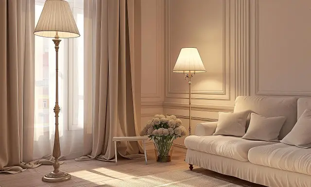 Elegancka lampa podłogowa niebieska, stojąca obok okna, tworzy przytulną atmosferę w salonie.