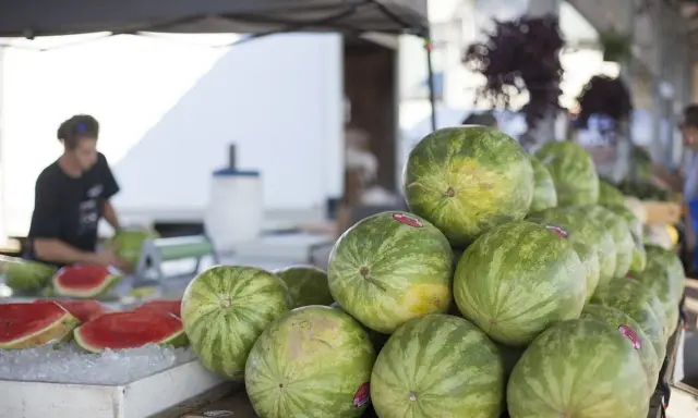 Stoisko z arbuzami na targu. Widać stos zielonych arbuzów i kilka pokrojonych na talerzu z lodem. Sprzedawca pokazuje, jak pokroić arbuza.