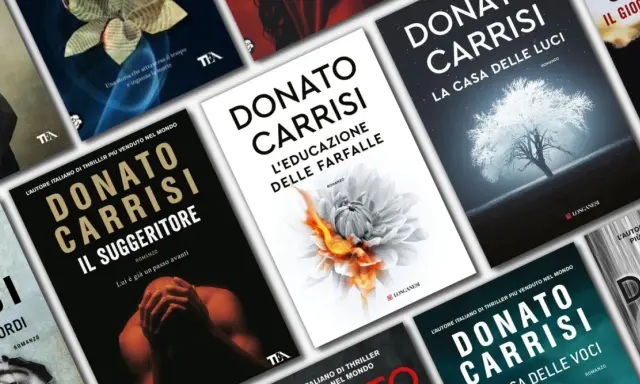 Copertine di libri di Donato Carrisi, tra cui "Il suggeritore", "L'educazione delle farfalle" e "La casa delle luci".
