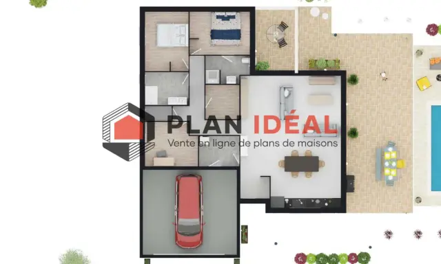 Plan maison plain pied 3 chambres avec suite parentale, garage, terrasse et piscine.
