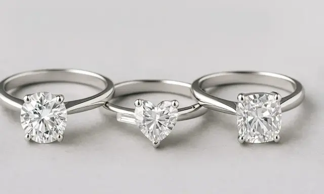 Tre anelli con diamanti: uno a taglio rotondo, uno a cuore con un piccolo baguette ai lati, e uno a taglio cuscino. Il baguette significato è eleganza.
