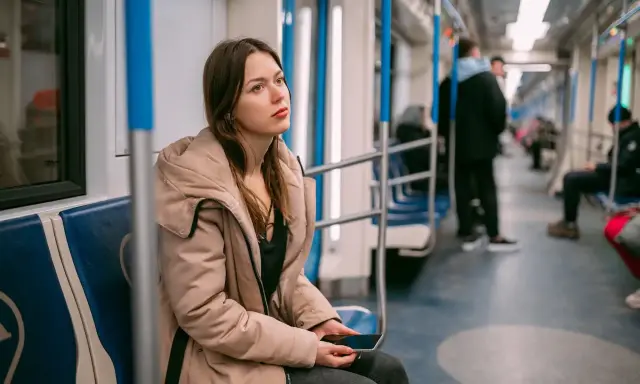 Młoda kobieta w beżowej kurtce siedzi w metrze, zamyślona. Może właśnie wraca z wizyty u lekarza, który wystawił jej L4 z powodu wypalenia zawodowego.