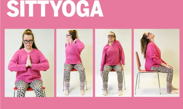 Sittande yogaövningar för att slappna av. En kvinna visar olika positioner för att stretcha och stärka kroppen.