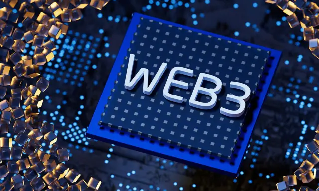 Centralny procesor z napisem WEB3, otoczony przez świecące kostki i punkty, symbolizujące przyszłość internetu.