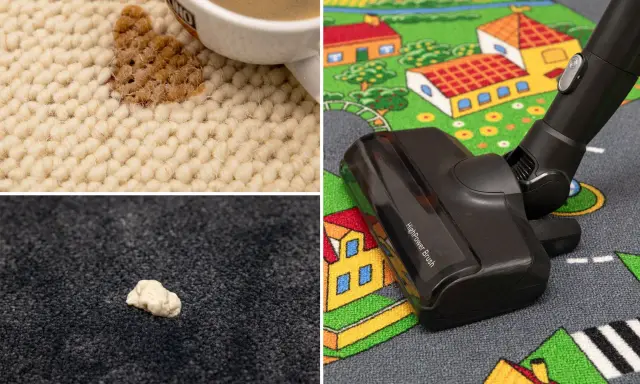 Kaffee verschüttet, Kaugummi klebt: braune Flecken auf dem Teppich und ein Staubsauger auf einem Spielteppich.