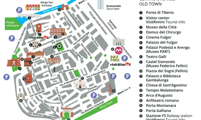 Mappa del centro storico di Rimini, con indicati monumenti, piazze e servizi.