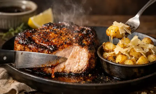 Côte de porc juteuse, parfaitement saisie, accompagnée de pommes de terre rôties et de copeaux de parmesan. La marinade a créé une croûte dorée irrésistible.