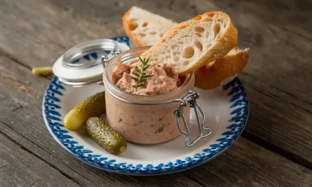 Un pot de rillettes de porc, garni d'une brindille de romarin, est servi avec des cornichons et des tranches de pain croustillant sur une assiette décorée.