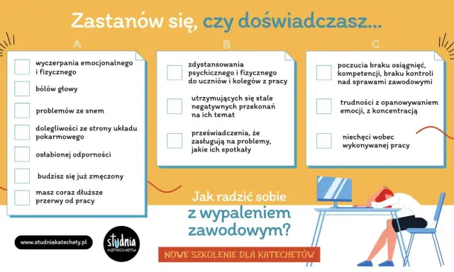 Zastanów się, czy doświadczasz wypalenia zawodowego. Grafika przedstawia objawy i pytania pomocne w diagnozie, jak sobie radzić z tym problemem.