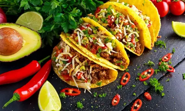 Pyszne dania meksykańskie: tacos z mielonym mięsem, serem, pomidorami i awokado, ozdobione papryczkami chili i limonką.