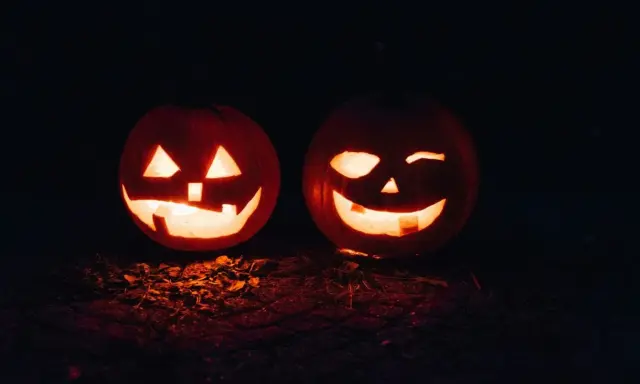 Två lysande pumpor med läskiga ansikten lyser upp mörkret. En perfekt syn för en halloween dag.