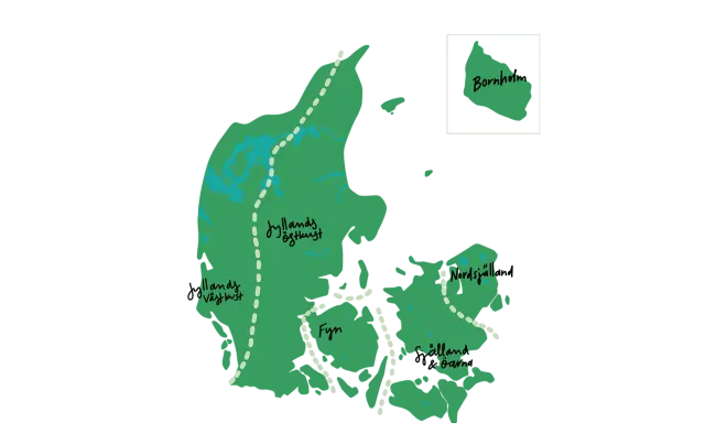 Karta över Danmark med regioner som Jyllands östkust, Fyn och Själland. En inramad Bornholm syns också. Utforska danmark natur!
