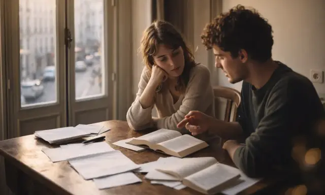 Un couple étudie ensemble, le garçon explique la conjugaison à la fille. Ils contribuent mutuellement à leur apprentissage.