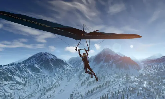 Gracz szybuje na lotni nad ośnieżonymi górami, podziwiając krajobraz w grze Ring of Elysium.