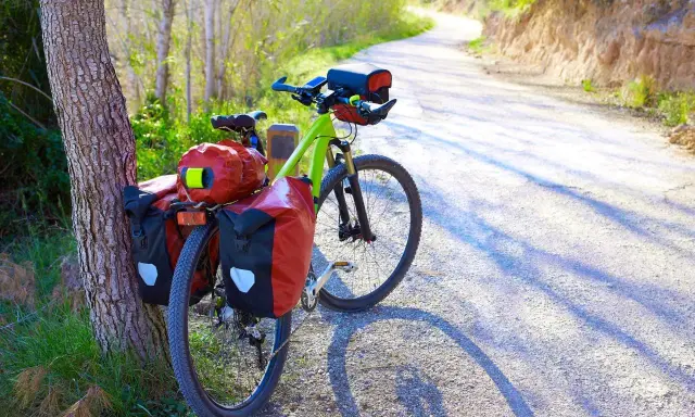 Ein grünes Trekkingrad mit roten Packtaschen steht am Wegesrand. Perfekt für Abenteuer, was ist ein Trekkingrad?