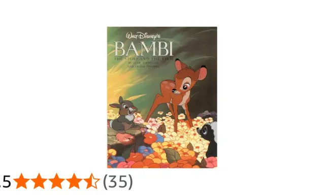 Okładka książki "Bambi" z Disneyowskiej bajki. Bambi, królik i skunks wśród kwiatów.