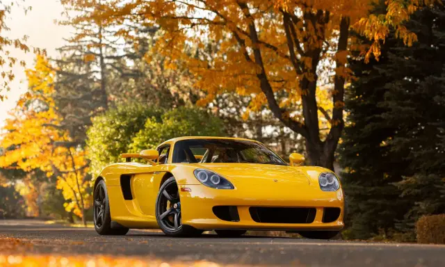 Gelber Porsche Carrera GT parkt unter Herbstlaub.