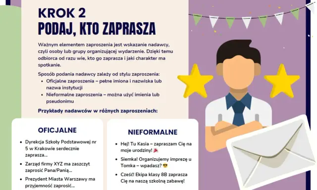 Krok 2: Podaj, kto zaprasza. Ilustracja przedstawia schematyczną postać z dwoma gwiazdkami, obok koperty i tekstu o zaproszeniach.