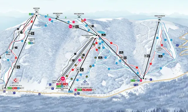 Mapa tras narciarskich i wyciągów na Skrzycznem z zaznaczonymi szlakami i punktami widokowymi.