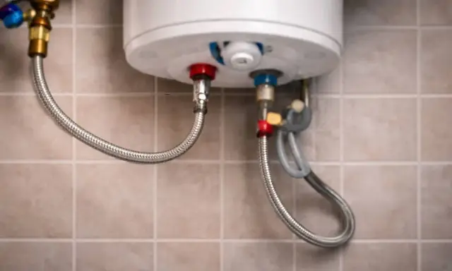 Detalles de cómo cambiar un termo eléctrico: conexiones de agua fría y caliente con mangueras flexibles.