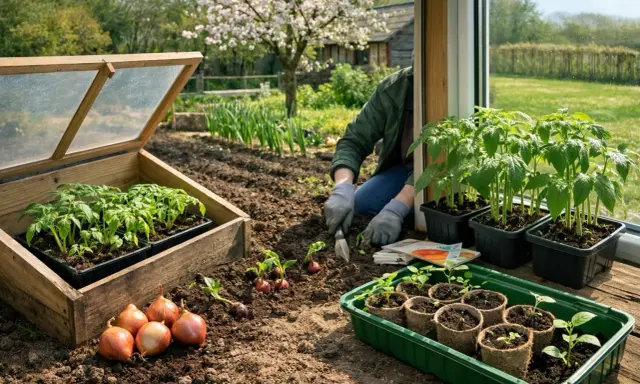 Jardiner en mars : semis de tomates sous châssis, plantation d'oignons et repiquage de jeunes plants. Le printemps s'annonce au jardin.