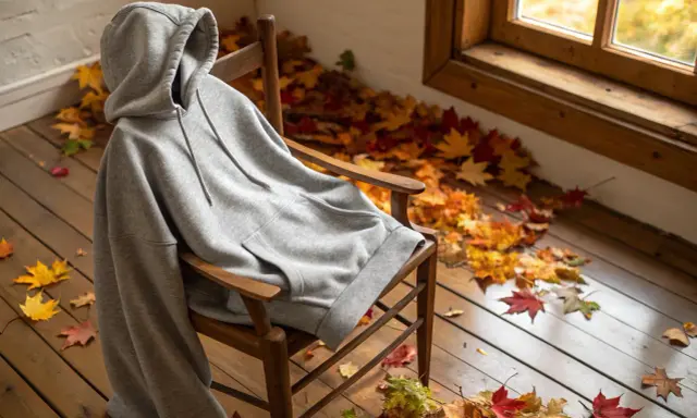Szara bluza z kapturem na drewnianym krześle, otoczona jesiennymi liśćmi. Idealna jako jaka bluza do szarych dresów na chłodne dni.
