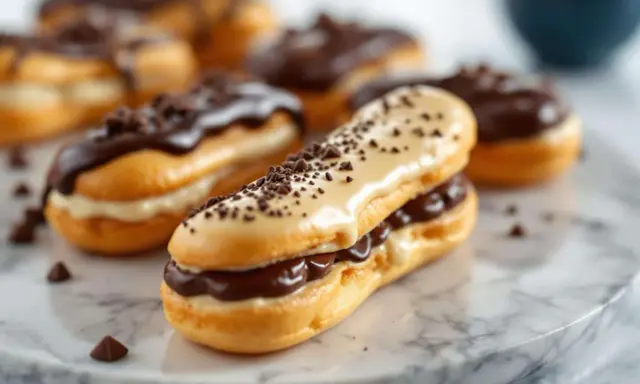Éclairs gourmands, parfaits après le temps de cuisson pâte à choux. Garnis de crème et nappés de chocolat, ils sont prêts à être dégustés.