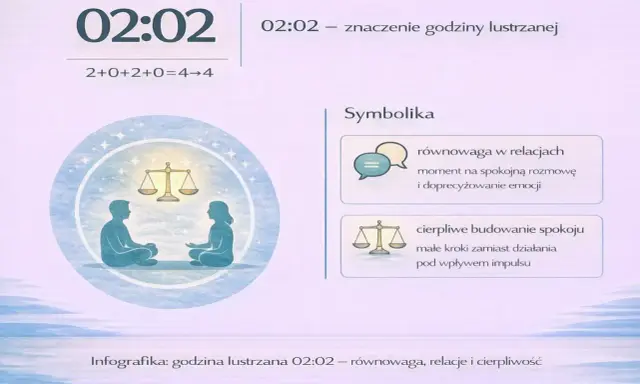 Godzina lustrzana 02:02 symbolizuje równowagę w relacjach i cierpliwe budowanie spokoju.