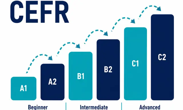 Wykres CEFR pokazuje poziomy angielskiego: A1, A2 (początkujący), B1, B2 (średniozaawansowany), C1, C2 (zaawansowany). Jaki poziom angielskiego po maturze?