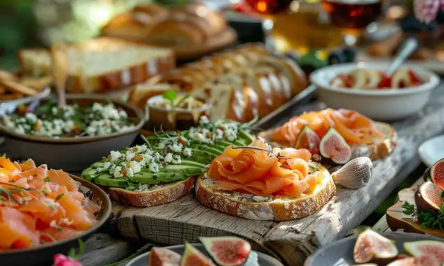 En härlig brunch med rökt lax, avokado, färskost och fikon på rustikt bröd. Perfekt för ett somrigt brunch recept.