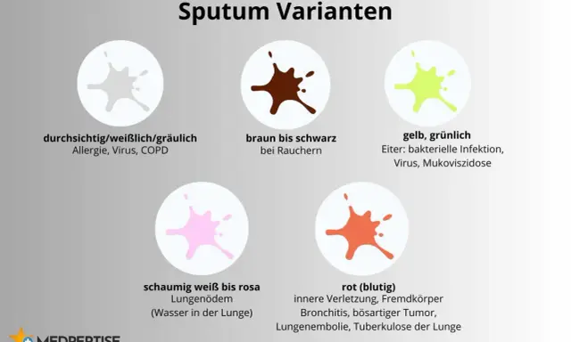 Sputum bei COPD kann durchsichtig/weißlich/gräulich sein. Andere Farben wie braun, gelb, grünlich, rosa oder blutig deuten auf andere Ursachen hin.