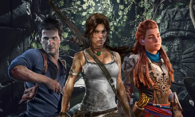 Nathan Drake, Lara Croft i Aloy - bohaterowie gier podobnych do Tomb Raider, gotowi na przygodę w dżungli.