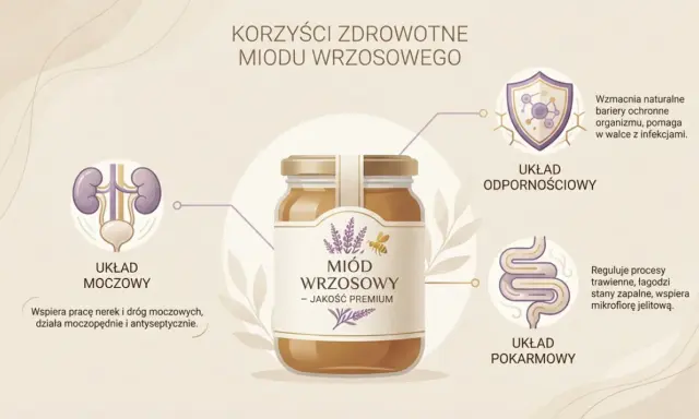 Słoik miodu wrzosowego z ikonami układu odpornościowego, moczowego i pokarmowego.
