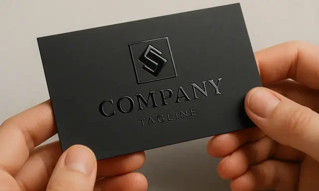 Czarne wizytówki z wypukłym logo i tekstem, prezentujące eleganckie uszlachetnienia druku.