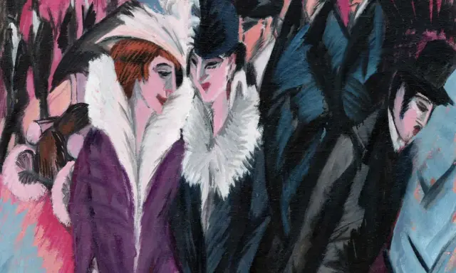 Menschen in eleganter Kleidung, ein typisches Motiv des Expressionismus, Kunst, Zeitraum. Lebendige Farben und dynamische Pinselstriche.