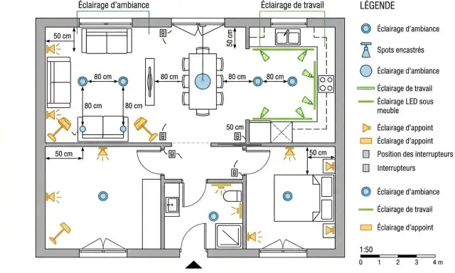 Plan d'une maison en L avec différents types d'éclairage : d'ambiance, de travail, d'appoint.