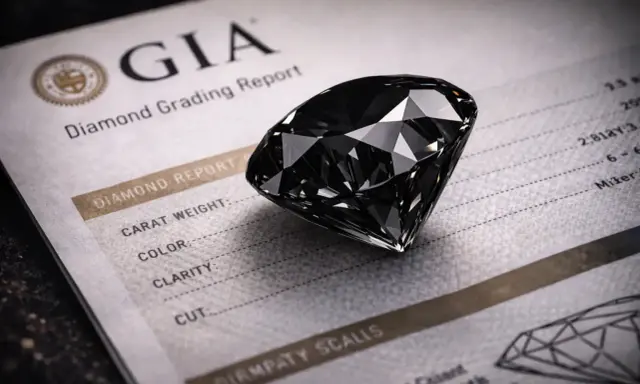Czarny diament, jeden z rzadkich kamieni szlachetnych, na certyfikacie GIA.