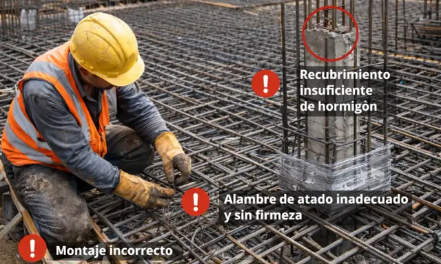Obrero trabajando en la ferralla, mostrando errores de montaje, recubrimiento insuficiente de hormigón y alambre de atado inadecuado.