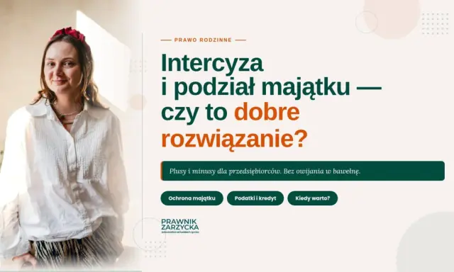 Kobieta w białej koszuli i czerwonej opasce na włosach. Tytuł: "Intercyza i podział majątku – czy to dobre rozwiązanie?".