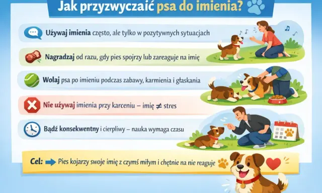 Jak przyzwyczaić psa do imienia? Używaj go w pozytywnych sytuacjach, nagradzaj reakcję, wołaj podczas zabawy. Nie używaj imienia przy karceniu. Bądź cierpliwy. Pies skojarzy imię z czymś miłym.