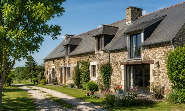 Longère moderne en pierre avec un chemin de gravier menant à l'entrée. Un jardin fleuri borde la façade.