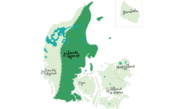 Karta över Danmark med områden som Jyllands östkust, Fyn och Själland. Perfekt för att planera din nästa vandra i Danmark.