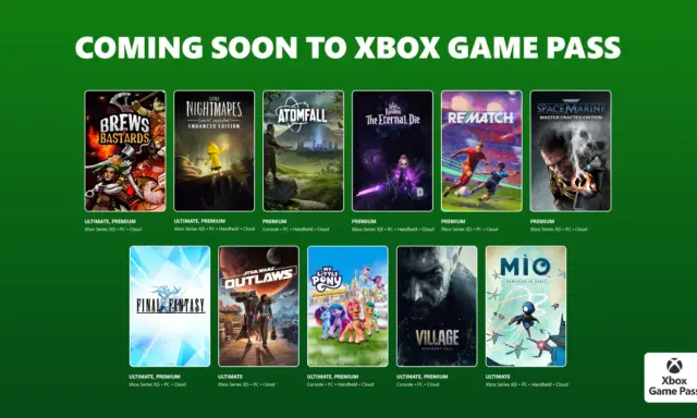 Nadchodzące **premiery Game Pass** na Xbox: Brews Bastards, Little Nightmares, Atomfall, The Eternal Die, Rematch, Space Marine, Final Fantasy, Star Wars Outlaws, My Little Pony, Resident Evil Village, Mio.